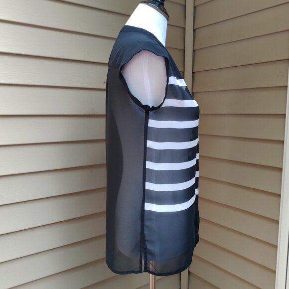 Liz Claiborne Striped Button-Up Blouse Black White Sheer High Neck Short Sleeves - Picture 9 of 11